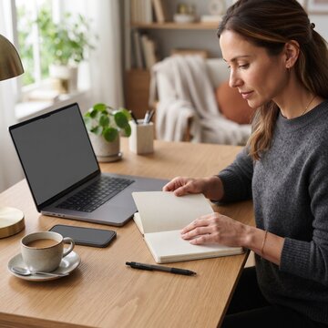 A focused woman works diligently at her desk, engrossed in her notebook, with a laptop and coffee nearby, symbolizing productivity and remote work.