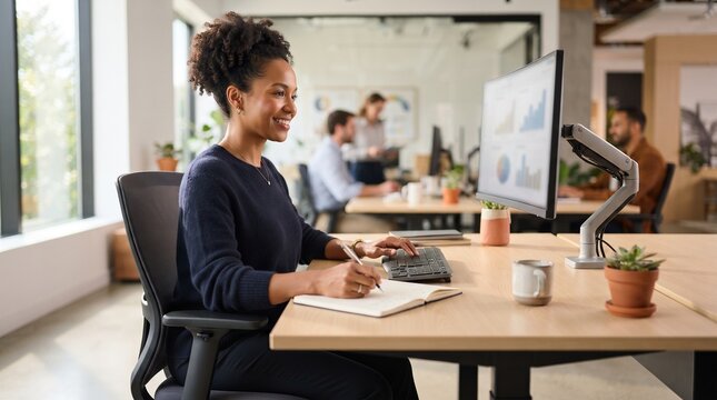 A focused businesswoman works diligently at her desk in a modern, bright office, analyzing data on a computer screen and taking notes, embodying efficiency and professionalism.