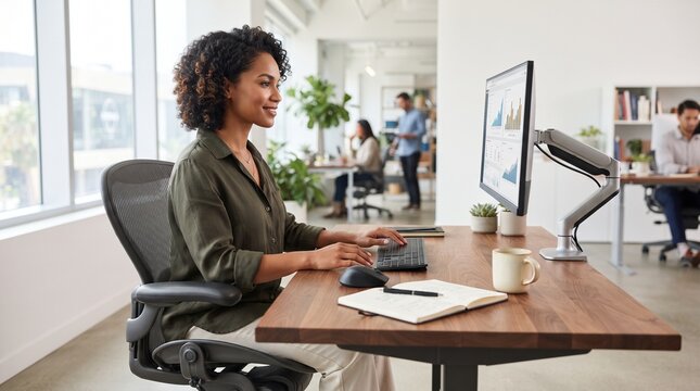 A focused businesswoman actively works at her desk, surrounded by the bustling energy of a modern, bright office environment, showcasing productivity and corporate culture.