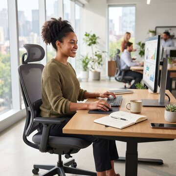 A professional woman smiles while working on a computer in a modern office setting, surrounded by colleagues and natural light.