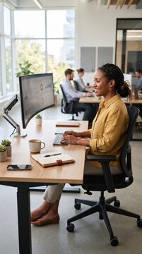 A smiling woman with braided hair works at her desk in a bright, modern office. Other colleagues are visible in the background, working at their own desks.