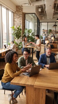 Modern coworking space buzzes with activity as diverse professionals collaborate and work on laptops. Sunlight streams through large windows, illuminating a vibrant and productive atmosphere.