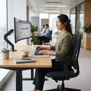 A focused businesswoman analyzes charts and graphs on a curved computer monitor in a modern, sunlit office, seated at an ergonomic desk.