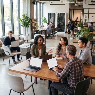 A modern, collaborative office space buzzes with activity as diverse professionals engage in teamwork, meetings, and independent work, fostering innovation and productivity.