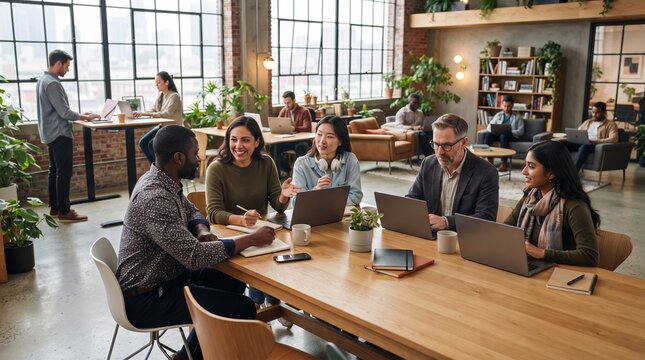 A diverse group of professionals engages in a collaborative meeting in a modern, sunlit office space, fostering an atmosphere of innovation and productivity.