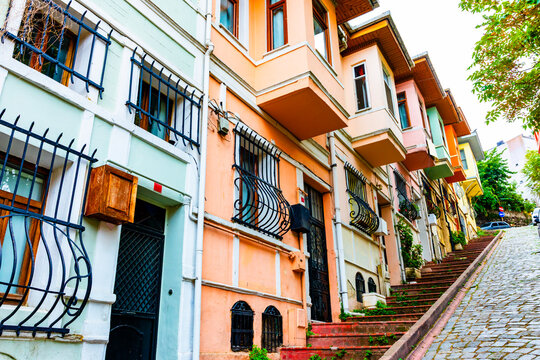 Balat District in Istanbul. Colorful houses in old city Balat. Fatih, Istanbul, Turkey.