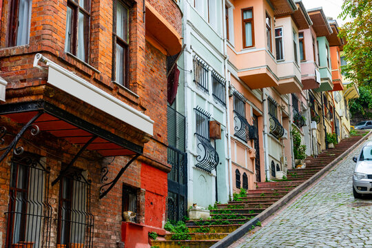 Balat District in Istanbul. Colorful houses in old city Balat. Fatih, Istanbul, Turkey.