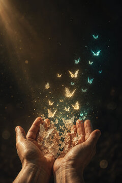 Glowing Butterflies Rising from Hands &ndash; Transformation and Hope