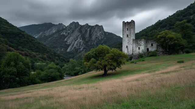 Ruined medieval tower in alpine valley. Historic stone castle amid forested mountains. Autumn landscape with river and dramatic cloudy sky.