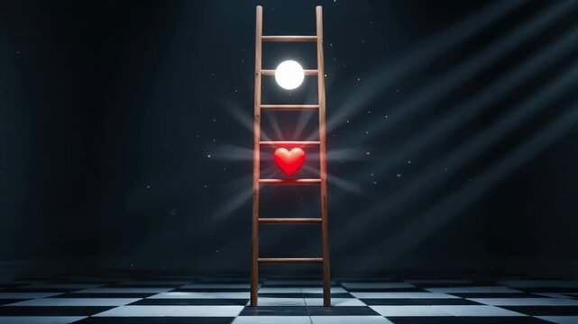 Surreal wooden ladder with glowing red heart and white orb. Conceptual metaphor for love and spiritual growth. Cinematic light rays on checkered floor.