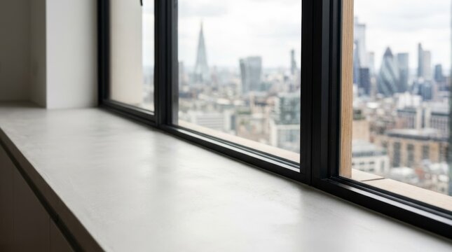 Modern Microcement Windowsill with Cityscape View - Seamless Texture, Natural Light, Interior Design