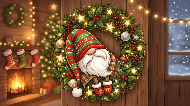 Funny Christmas gnome sleeping peacefully inside a Christmas wreath, long hat covering his face, fluffy beard, tiny slippers, surrounded by ornaments, pine branches and glowing stars, adorable cozy 