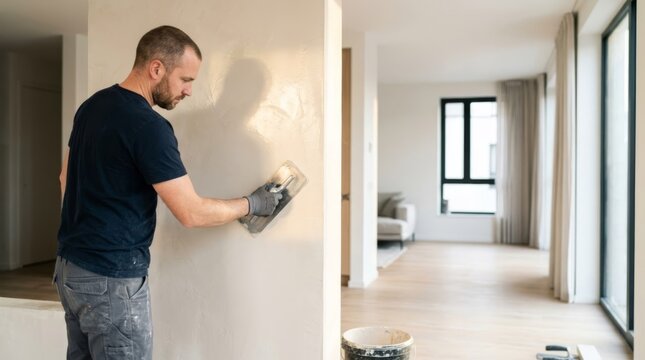 Craftsman applies microcement texture finish to wall with trowel in sunlit modern apartment interior