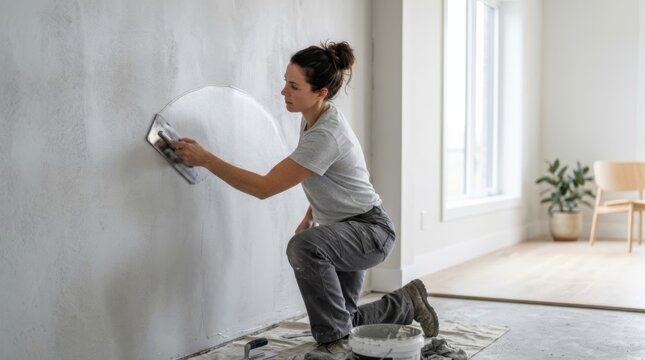 Woman applying microcement finish to a modern apartment wall with a trowel, creating a smooth texture in bright natural light.