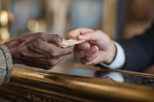 Card transfer at the reception. The guest transfers the card to the hotel receptionist. Payment, reservation, and customer service concept.
