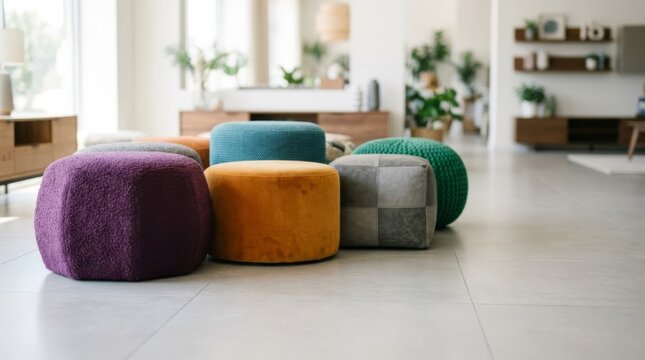 Assorted colorful poufs and ottomans arranged on a modern showroom floor, interior design concept with vibrant accents
