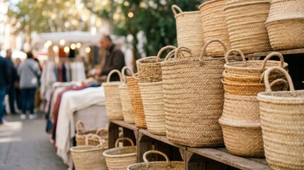 Obraz premium Woven baskets displayed on a rustic market stall, showcasing natural fibers and craftsmanship with ample copy space.