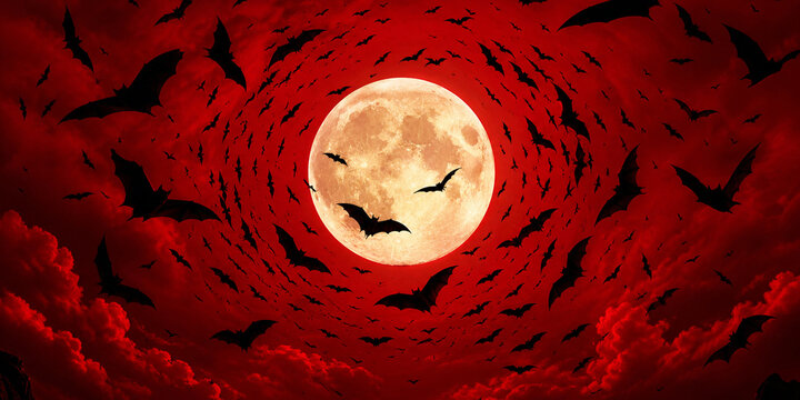 Bats Circling Moon Crimson Silhouette Halloween Spooky Concept