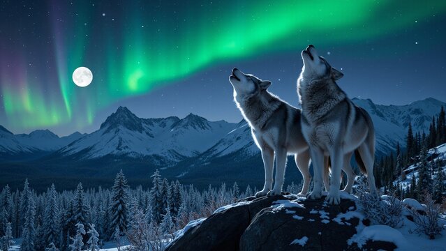 Wolf Pack Howling at the Aurora Borealis