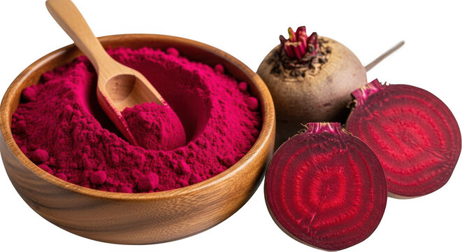 Beetroot powder in a wooden bowl with fresh beetroots isolated on white background