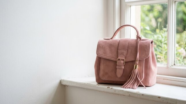 Dusty pink suede handbag with tassel on windowsill, soft natural light and bokeh background for copy space.