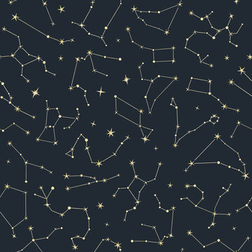 Starry sky seamless watercolor pattern with constellations on dark blue background. Celestial repeat for baby fabric, nursery wallpaper and wrapping paper. Childish backdrop for bed linen.