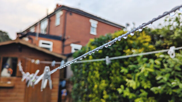 Water droplets hanging from outdoor clothesline after rain, garden greenery, wooden shed and brick house softly blurred in background