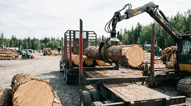 Heavy log loader crane stacking freshly cut timber logs onto a flatbed truck trailer in a modern lumberyard with copy space