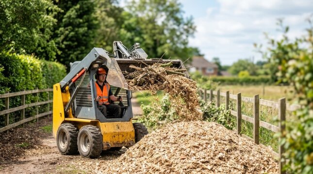 Skid steer loader clearing branches into mulch heap on sunny day, property maintenance, natural light