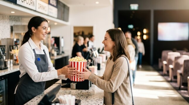 Cinema attendant hands large popcorn bucket to smiling customer in bright lobby, daylight glow, right copy space