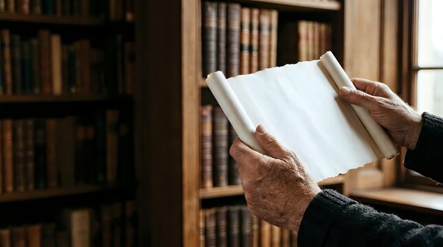 Person holding open book with blank pages in library