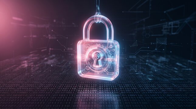 Futuristic cybersecurity concept with glowing glass padlock over binary code matrix and abstract digital network background for secure data protection and privacy concepts