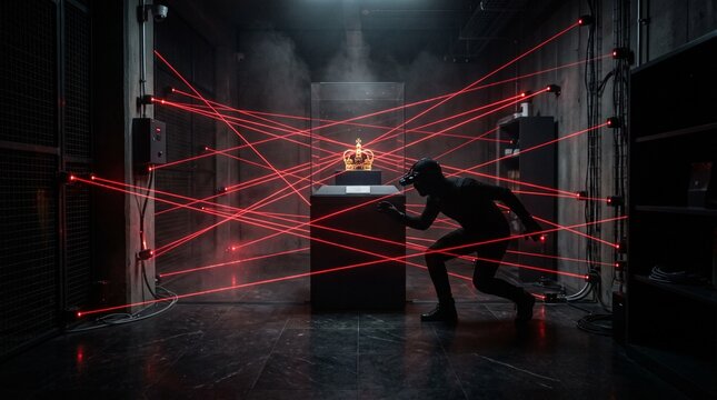 Cinematic high security museum heist with a stealth thief sneaking through a network of glowing red laser beams toward a valuable royal golden crown inside a dark vault setting