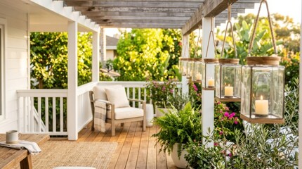 Fototapeta premium Hanging glass lanterns with candles on a wooden porch, creating a warm and inviting atmosphere for outdoor living spaces.