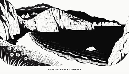 Obraz premium Very beautiful black and white realistic vector of Navagio Beach with white limestone cliffs, sandy shore, ocean waves, wildflowers and dramatic Ionian Sea scenery, NAVAGIO BEACH • GREECE, clean linew