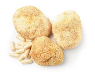 Functional mushrooms and pills isolated on white, top view © New Africa