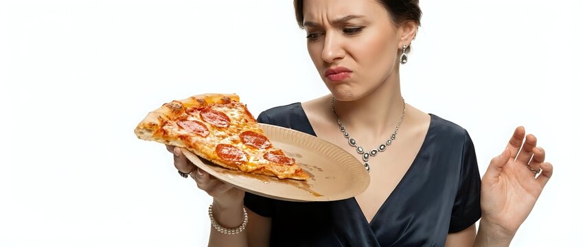 Unhappy middle-aged woman rejecting pizza slice with disgust