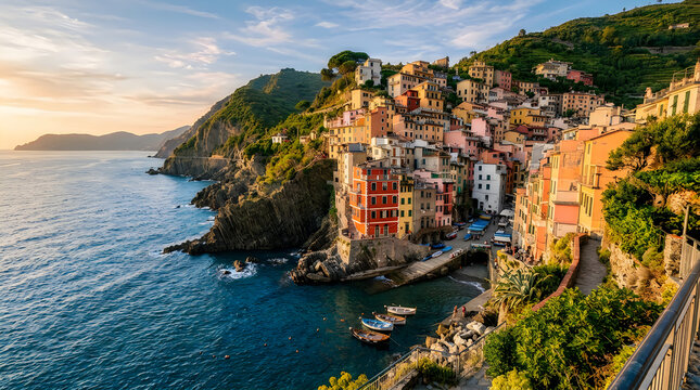 Coastal Village Overlooking the Sea with Colorful Buildings on a Cliff. Mediterranean Seaside Town, Sunset Lighting, Sce