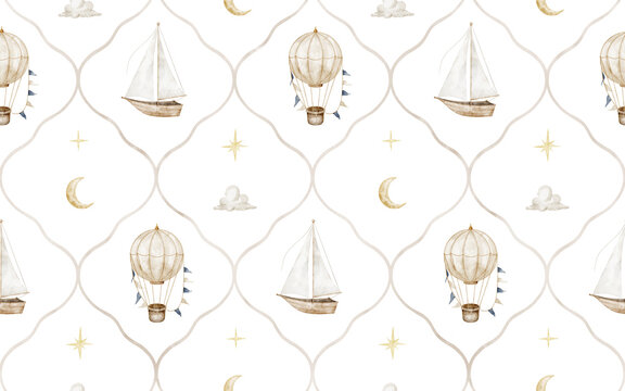 Balloon and ship seamless watercolor pattern isolated on background. Vintage repeat with sailboat and aerostat for fabric, nursery wallpaper, and wrapping paper. Baby backdrop in pastel colors.