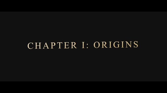 Chapter 1 origins cinematic title card with gold serif typography on animation 4k black background