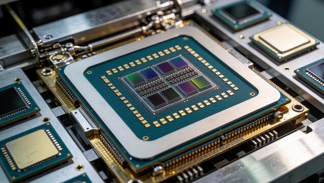 Close-up computer processor chip center surrounded other electronic components green gold color has rectangula