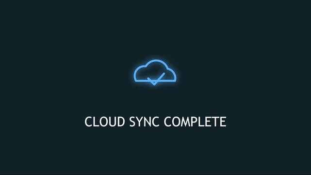 Cloud sync complete notification animation with glowing blue checkmark 4k upload