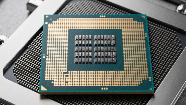 Close-up computer processor chip metal surface rectangular shape has green gold color scheme placed top black