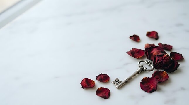Vintage silver key surrounded by dried red rose petals on marble