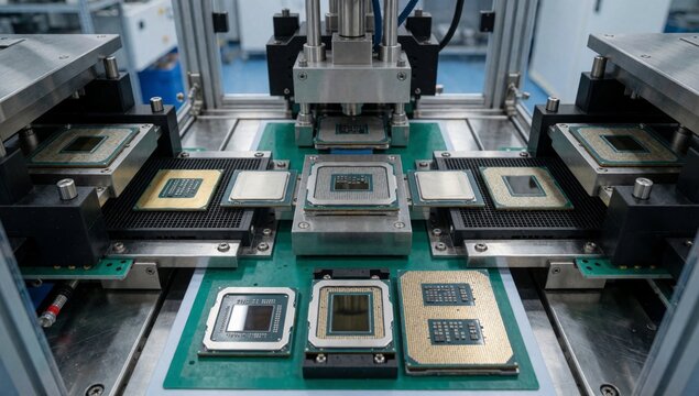 Close-up machine factory setting made metal has green circuit board center there several small electronic comp