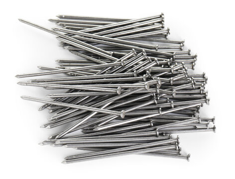 Many metal nails isolated on white, top view