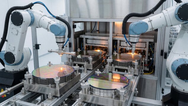 Robotic arm working large machine factory made metal has multiple circular plates attached arranged grid-like