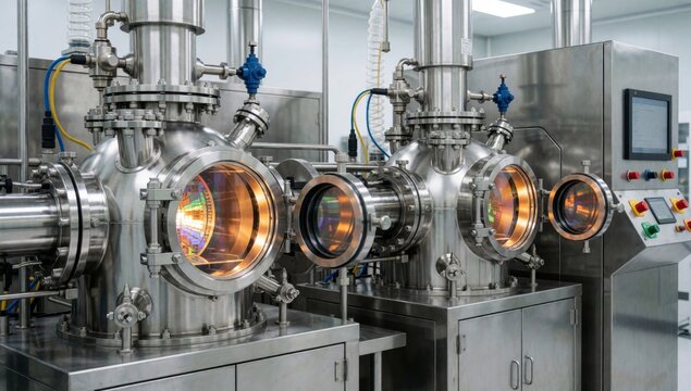 Large industrial machine laboratory setting made stainless steel has multiple pipes valves attached control pa
