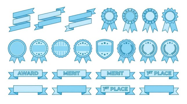 Blue vector award ribbons and trophy badge icon set.