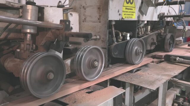 Close-up of modern woodworking technology in a factory. Industrial machine precisely planes and profiles timber to create finished wooden components for furniture and interior manufacturing.